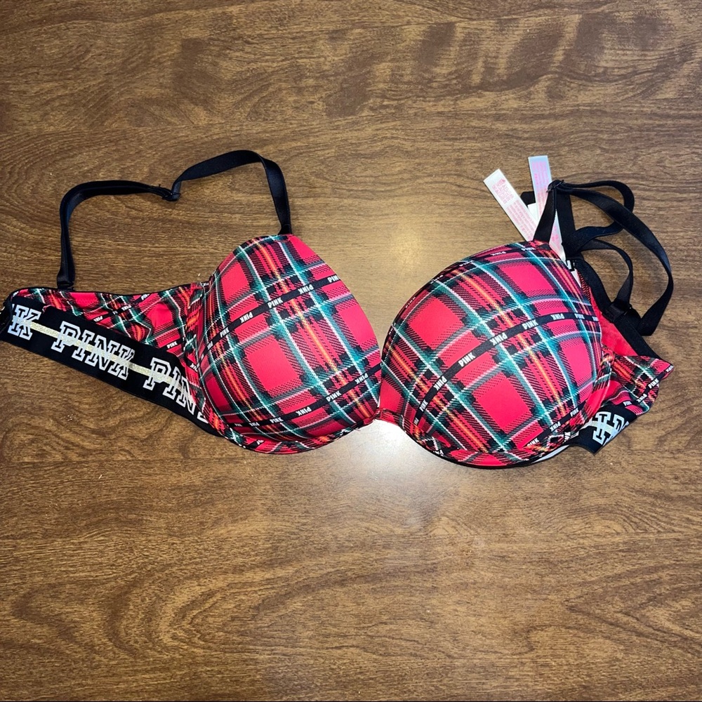 PINK Christmas plaid Push up Bra